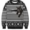 Men DJ Ugly Sweater | Fun Cat Line Print Casual Crew Neck Sweatshirt Black