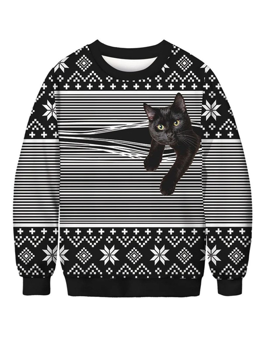 Men DJ Ugly Sweater | Fun Cat Line Print Casual Crew Neck Sweatshirt Black