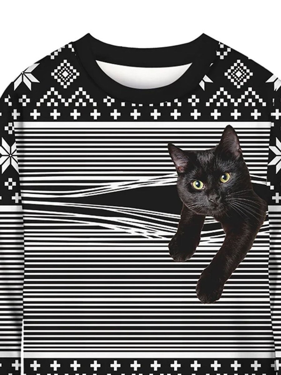 Men DJ Ugly Sweater | Fun Cat Line Print Casual Crew Neck Sweatshirt Black