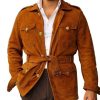 Men DJ Jacket | Multi-Pocket Lapel Lace-Up Solid Suede Casual Jacket Brown