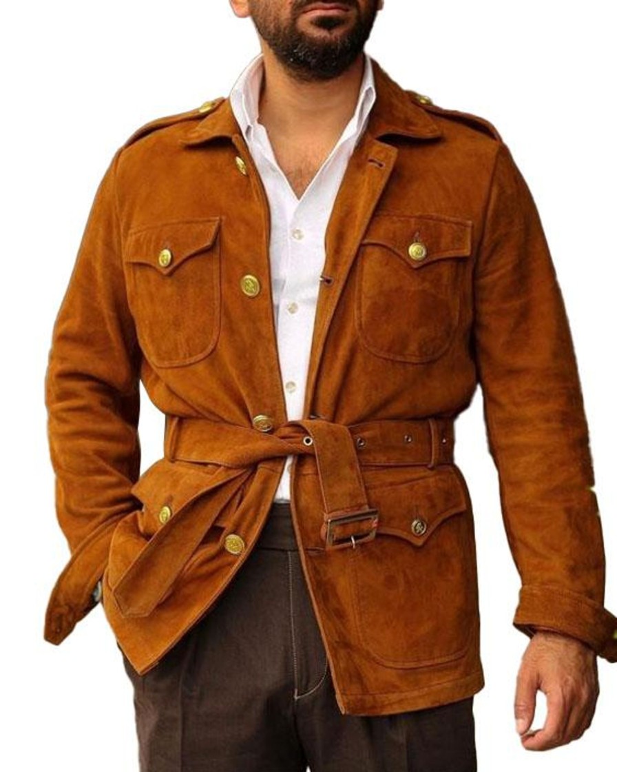 Men DJ Jacket | Multi-Pocket Lapel Lace-Up Solid Suede Casual Jacket Brown