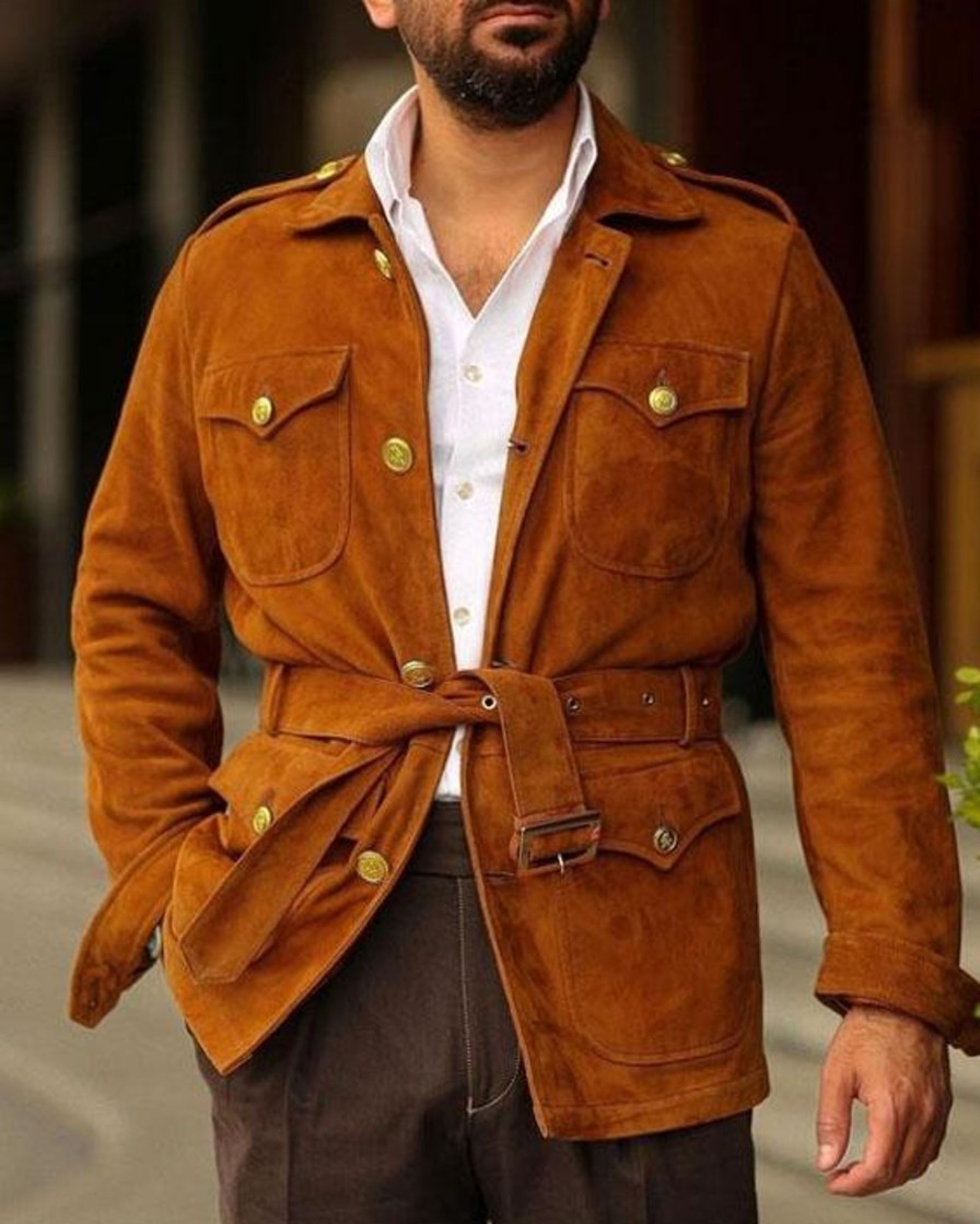 Men DJ Jacket | Multi-Pocket Lapel Lace-Up Solid Suede Casual Jacket Brown