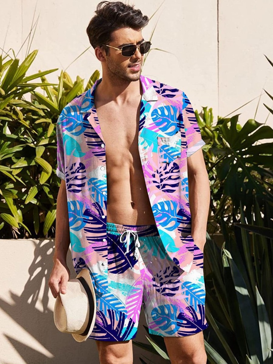 Men LJC Set | Tropical Leaves Print Two-Piece Set Photo Color