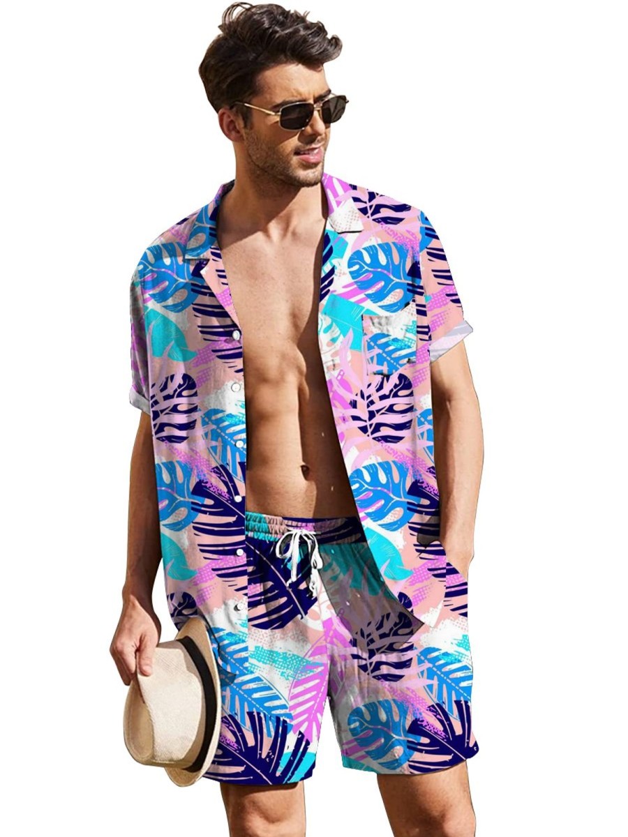 Men LJC Set | Tropical Leaves Print Two-Piece Set Photo Color