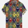 Men DJ Shirts | Rhombus Cartoon Face Printing Cartoon Costume Short Sleeve Shirt Photo Color