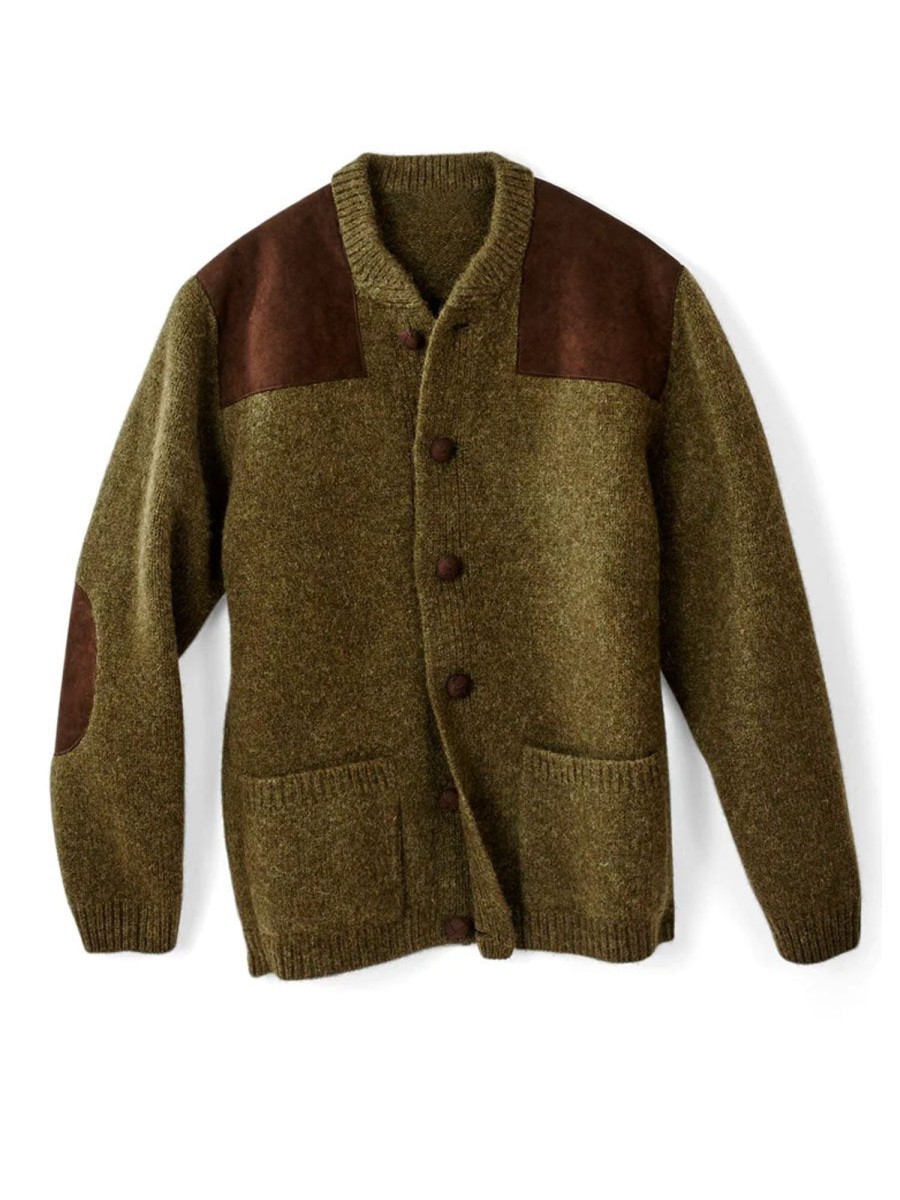 Men DJ Cardigan | Vintage Suede Paneled Double-Pocket Knitted Cardigan Army Green