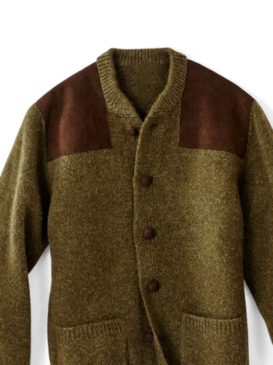 Men DJ Cardigan | Vintage Suede Paneled Double-Pocket Knitted Cardigan Army Green