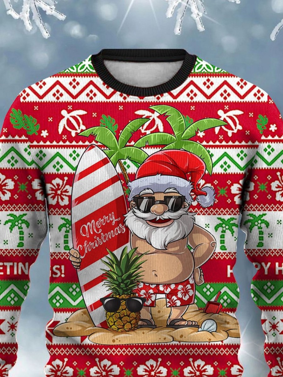 Men HLJ Ugly Sweater | Hawaiian Christmas Sweater Print Crew Neck Sweatshirt Red