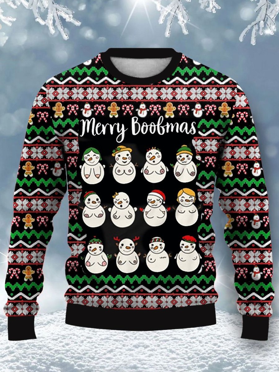 Men DJ Ugly Sweater | Fun Christmas Boobs Print Crew Neck Sweatshirt Photo Color