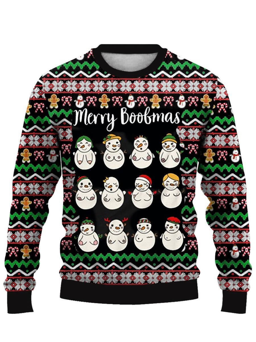 Men DJ Ugly Sweater | Fun Christmas Boobs Print Crew Neck Sweatshirt Photo Color