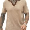 Men DJ Casual Shirts | Contrast Color V-Neck Textured Casual Short-Sleeved T-Shirt Khaki