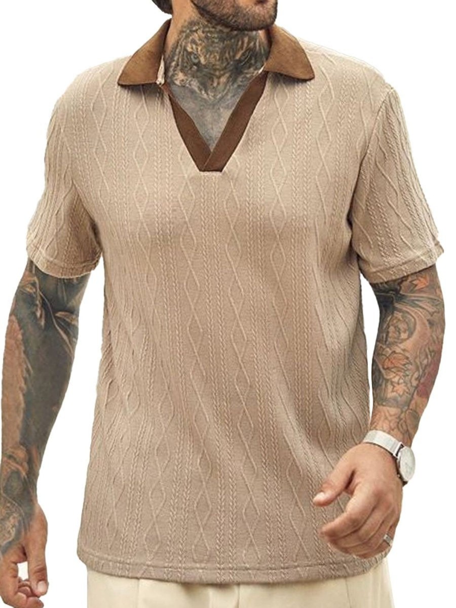 Men DJ Casual Shirts | Contrast Color V-Neck Textured Casual Short-Sleeved T-Shirt Khaki