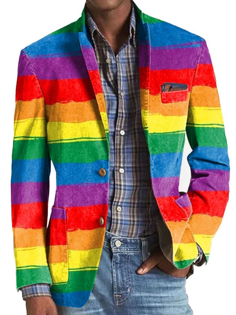 Men DJ Print Jacket | Rainbow Stripe Print Lapel Three-Pocket Casual Blazer Photo Color