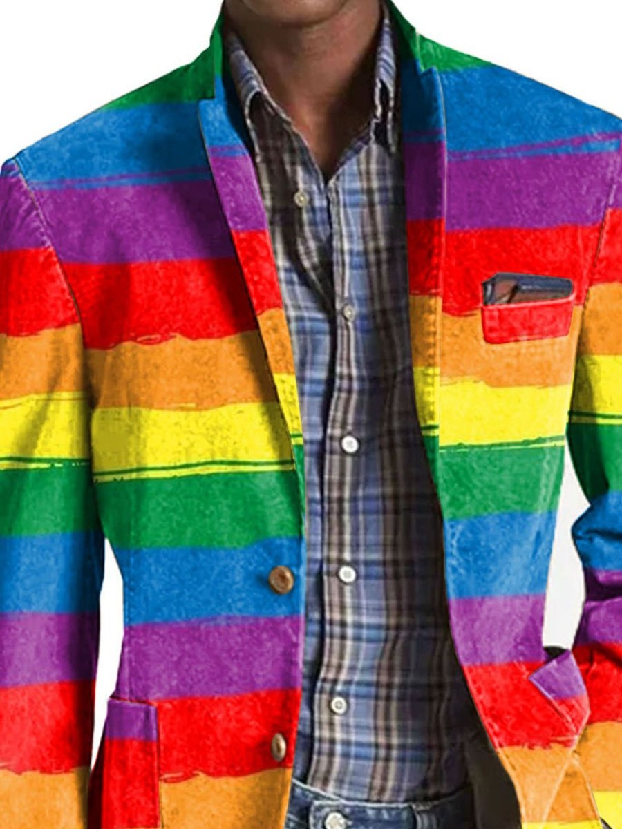 Men DJ Print Jacket | Rainbow Stripe Print Lapel Three-Pocket Casual Blazer Photo Color