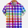 Men DJ Shirts | Men'S Rainbow Plaid Print Casual Breathable Short Sleeve Hawaiian Shirt Photo Color