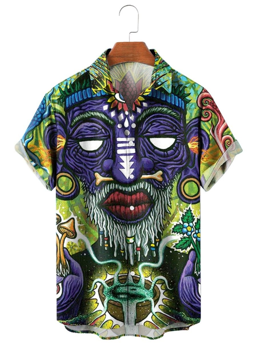 Men XT Shirts | Mystic Shaman Print Short Sleeve Shirt 46396958X Green