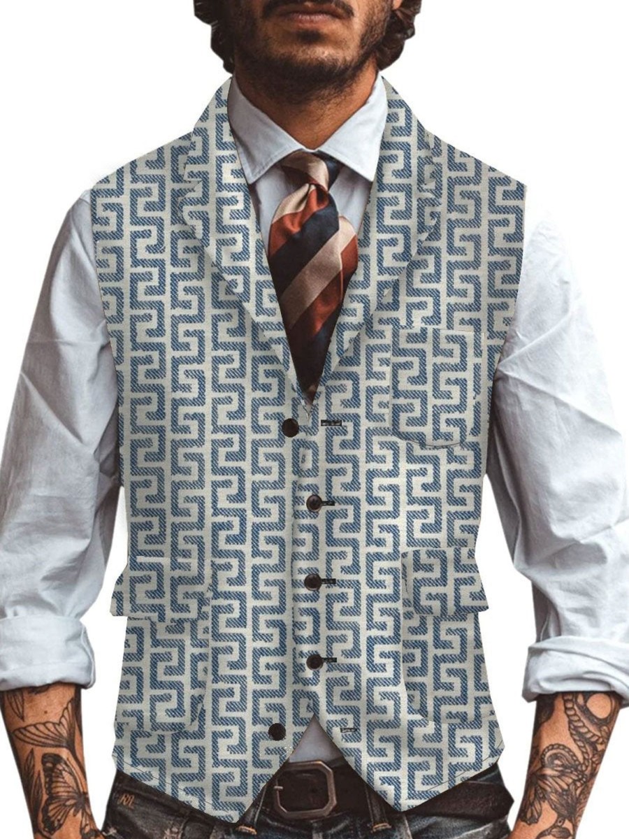 Men DJ Vest | Geometric Print Three-Pocket Lapel Retro Suit Vest Photo Color