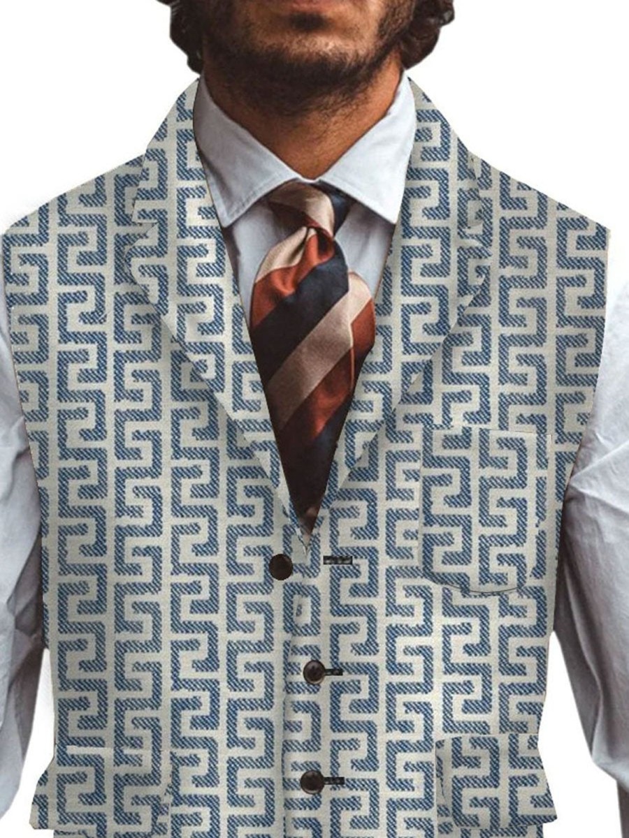 Men DJ Vest | Geometric Print Three-Pocket Lapel Retro Suit Vest Photo Color