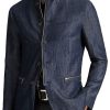 Men BXL Jacket | Men'S Multi-Pocket Casual Denim Zippered Single-Breasted Jacket Dark Blue