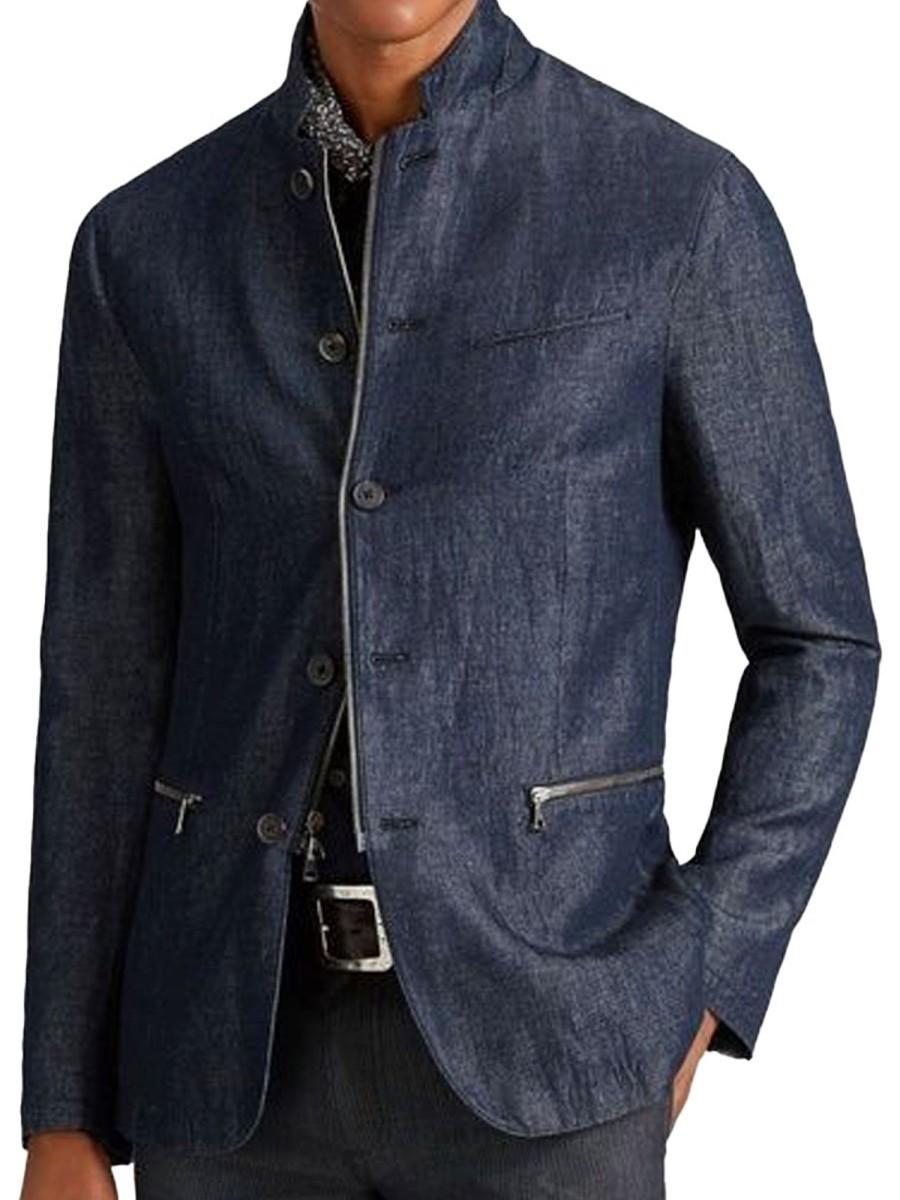 Men BXL Jacket | Men'S Multi-Pocket Casual Denim Zippered Single-Breasted Jacket Dark Blue