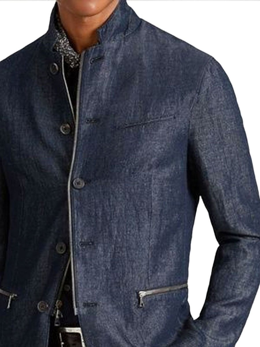 Men BXL Jacket | Men'S Multi-Pocket Casual Denim Zippered Single-Breasted Jacket Dark Blue