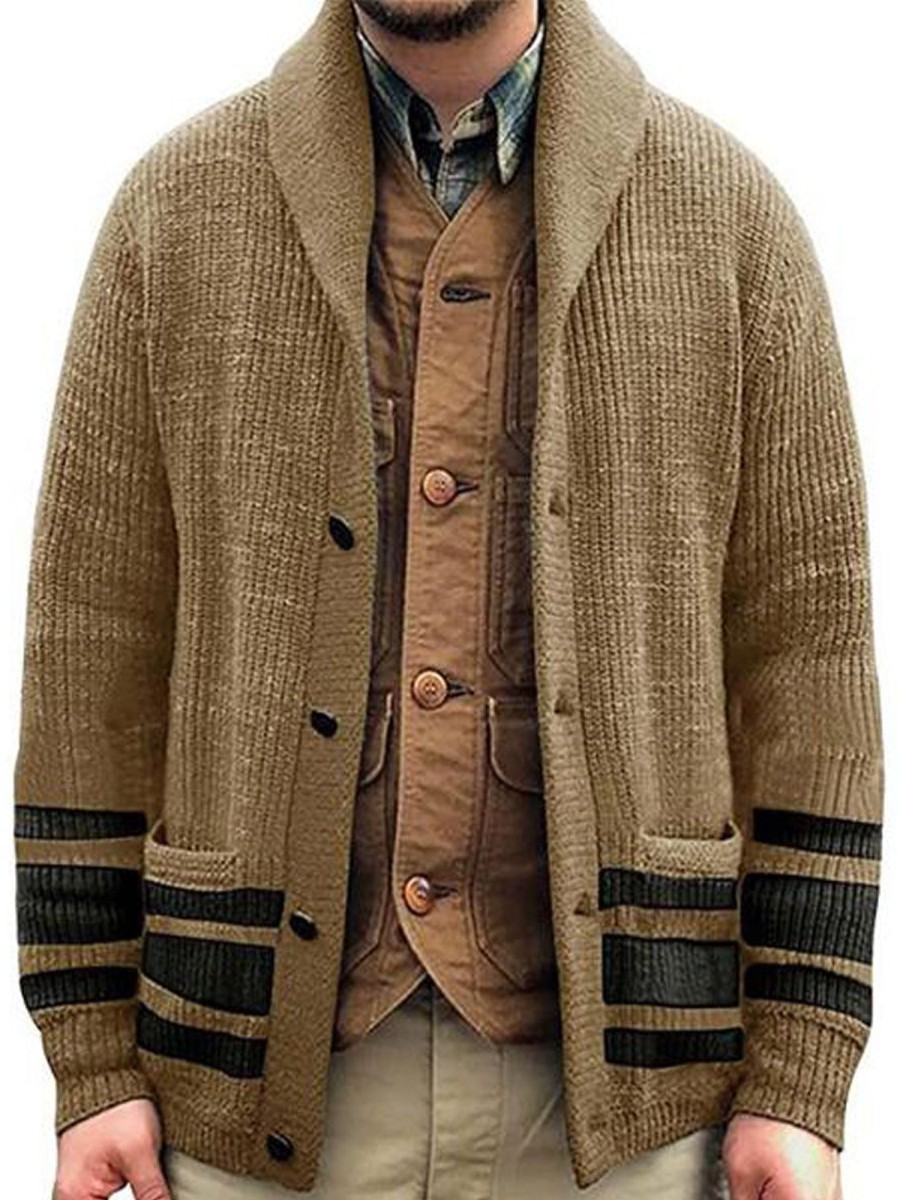 Men XT Cardigan | Men'S Knit Lapel Jacquard Cardigan Sweater Jacket Khaki