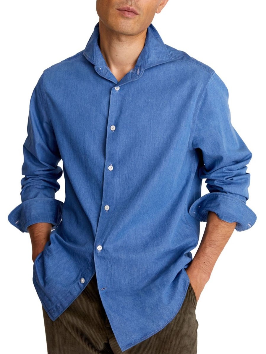 Men BXL Casual Long Sleeve Shirts | Men'S Retro Solid Color Casual Denim Long Sleeve Shirt Blue