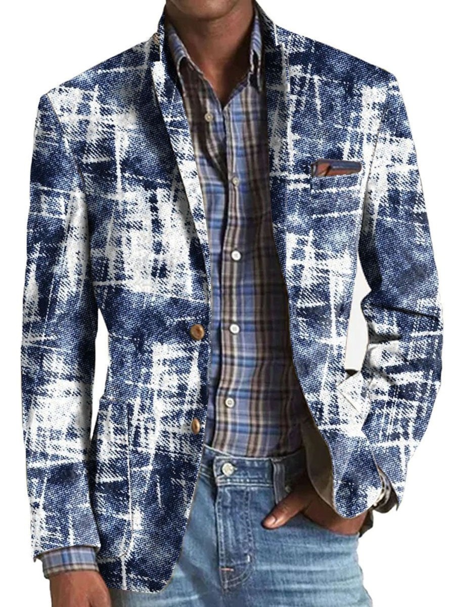 Men DJ Print Jacket | Vintage Denim Tie-Dye Print 3-Pocket Lapel Single-Breasted Casual Blazer Blue