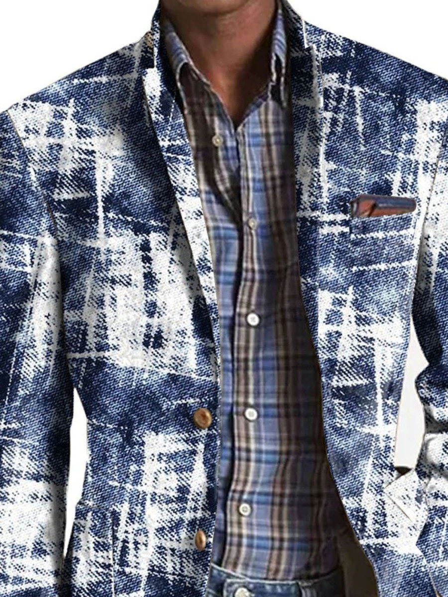 Men DJ Print Jacket | Vintage Denim Tie-Dye Print 3-Pocket Lapel Single-Breasted Casual Blazer Blue