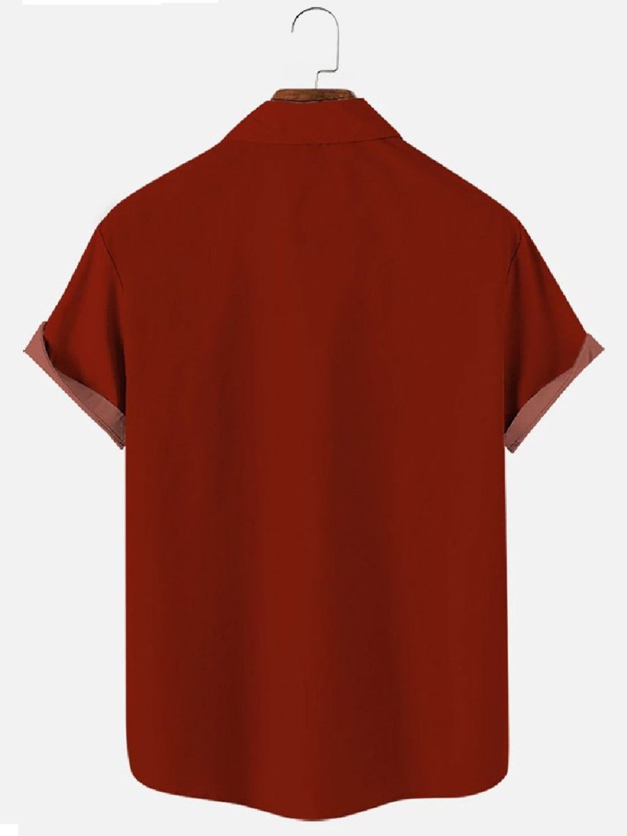 Men HLJ Shirts | Christmas Colorblock Casual Short Sleeve Shirt Red