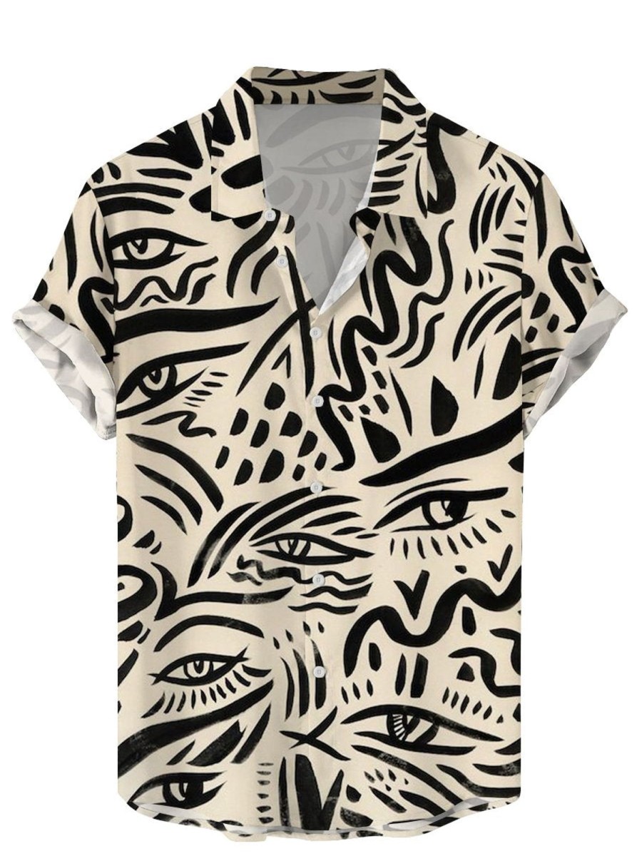 Men DJ Shirts | Abstract Artistic Eye Line Print Short Sleeve Shirt Khaki