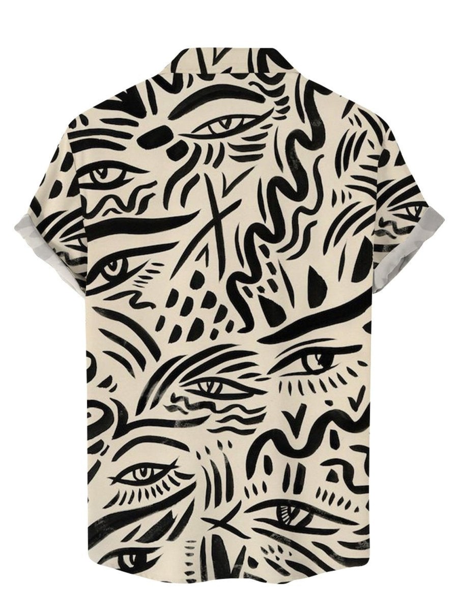 Men DJ Shirts | Abstract Artistic Eye Line Print Short Sleeve Shirt Khaki