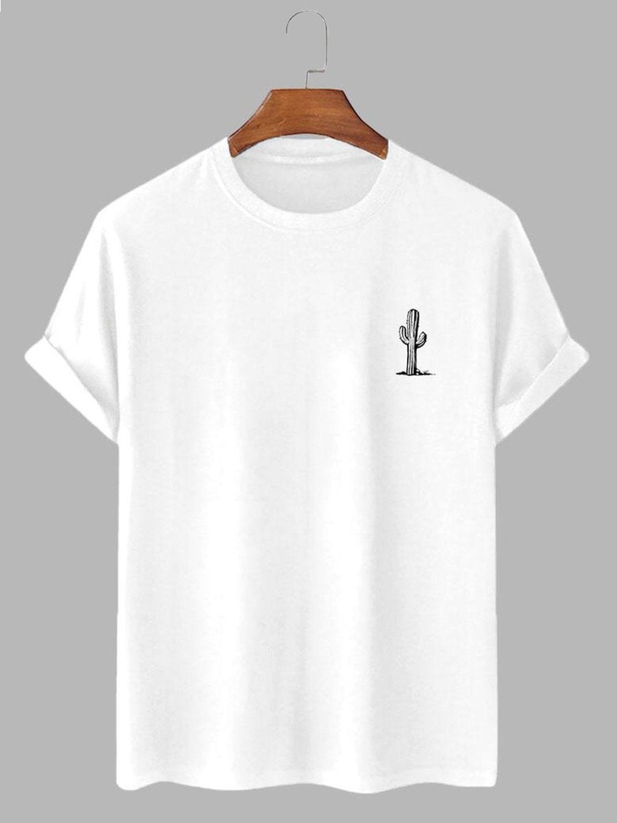 Men HLJ T-Shirts | Men'S Cactus Pattern Simple Short Sleeve T-Shirt White