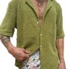 Men DJ Casual Shirts | Casual Solid Color Cuban Collar Button-Down Short Sleeve Shirt Green