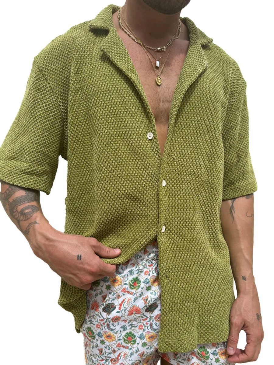 Men DJ Casual Shirts | Casual Solid Color Cuban Collar Button-Down Short Sleeve Shirt Green