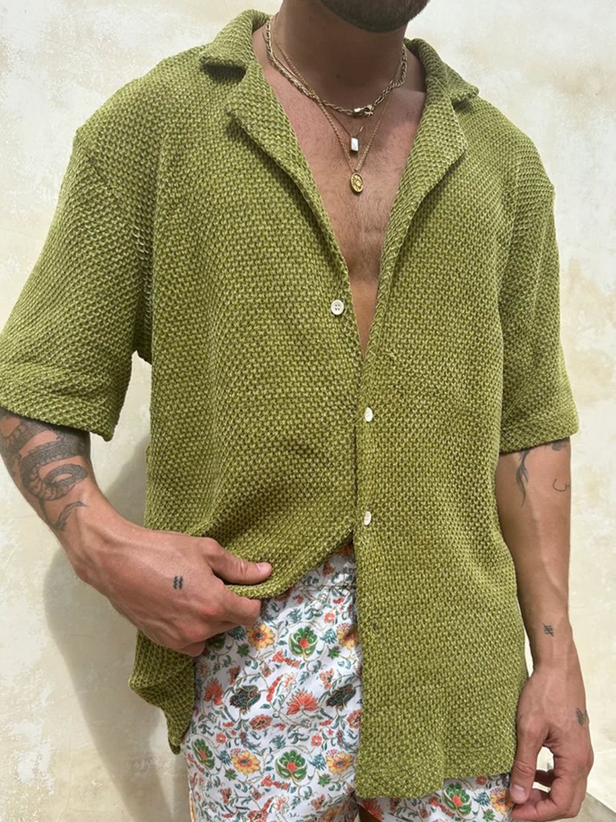 Men DJ Casual Shirts | Casual Solid Color Cuban Collar Button-Down Short Sleeve Shirt Green