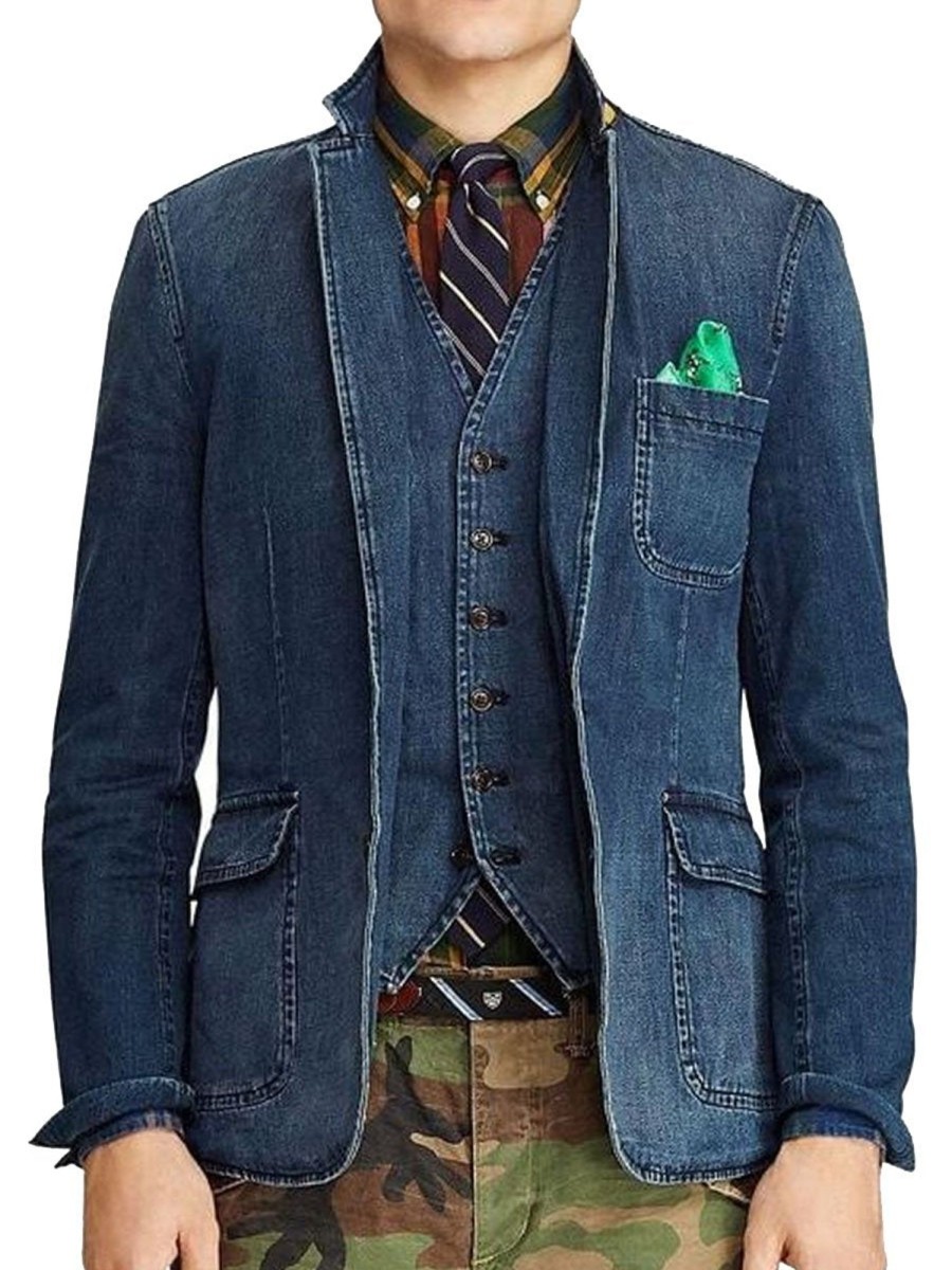 Men DJ Jacket | Vintage Single-Breasted 3-Pocket Casual Denim Blazer Blue