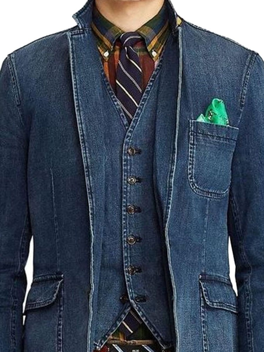 Men DJ Jacket | Vintage Single-Breasted 3-Pocket Casual Denim Blazer Blue