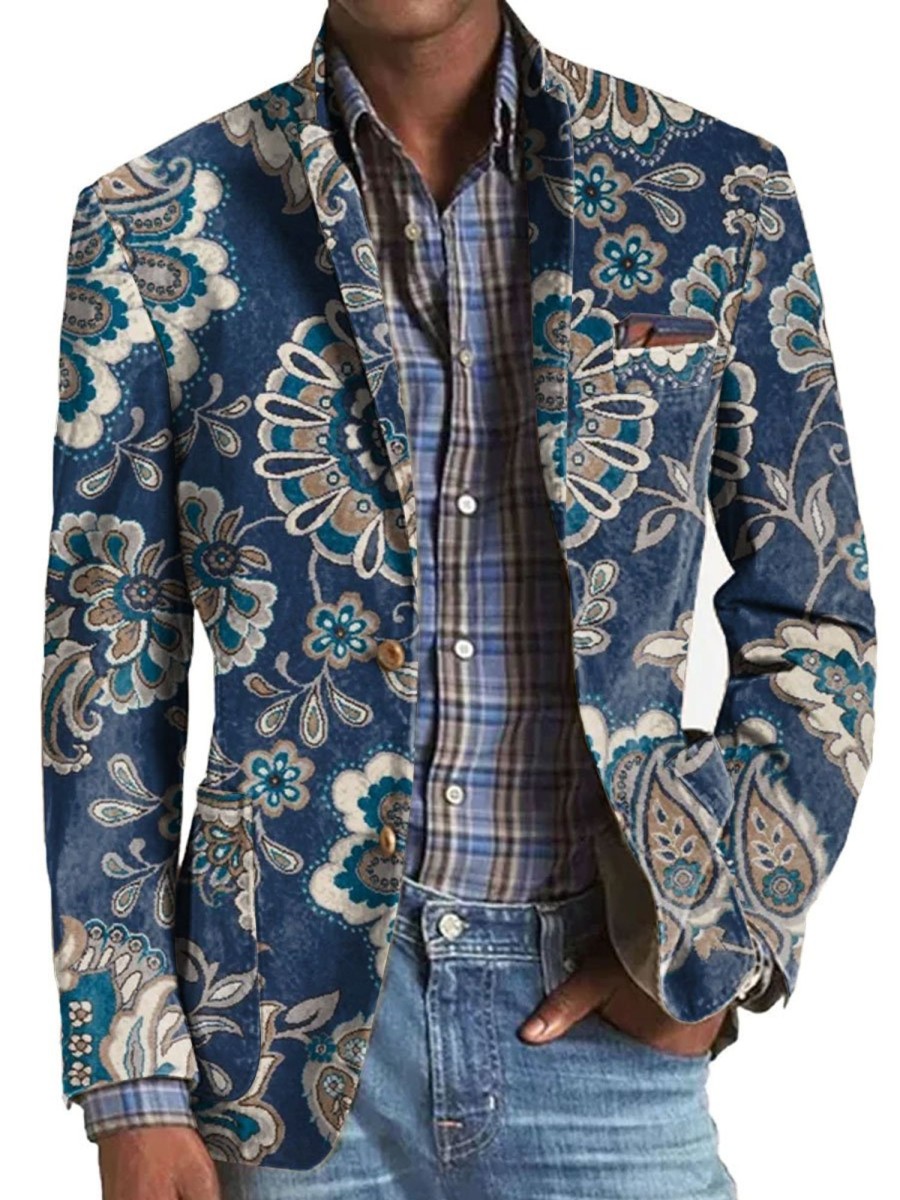 Men BXL Print Jacket | Men'S Vintage Paisley Print Casual Multi-Pocket Blazer Navy Blue