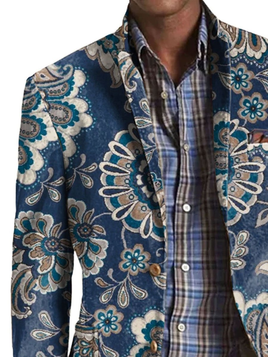 Men BXL Print Jacket | Men'S Vintage Paisley Print Casual Multi-Pocket Blazer Navy Blue