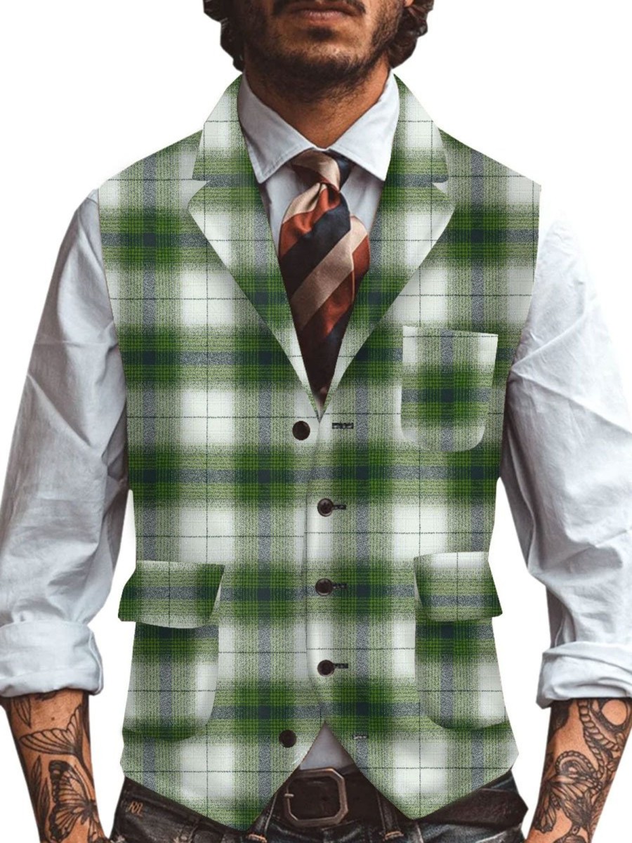 Men BXL Vest | Men'S Retro Wool Plaid Printed Multi-Pocket Casual Vest Green