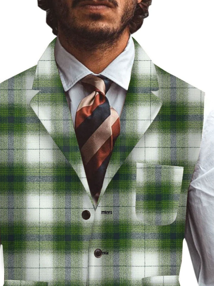 Men BXL Vest | Men'S Retro Wool Plaid Printed Multi-Pocket Casual Vest Green