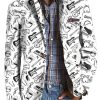 Men TH Print Jacket | Men'S Retro Musical Instrument Print Casual Pocket Blazer White