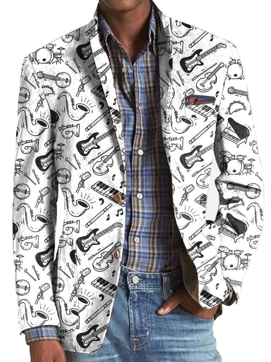 Men TH Print Jacket | Men'S Retro Musical Instrument Print Casual Pocket Blazer White