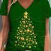 Women DJ | Christmas Tree Print Casual V-Neck Short Sleeve T-Shirt Green