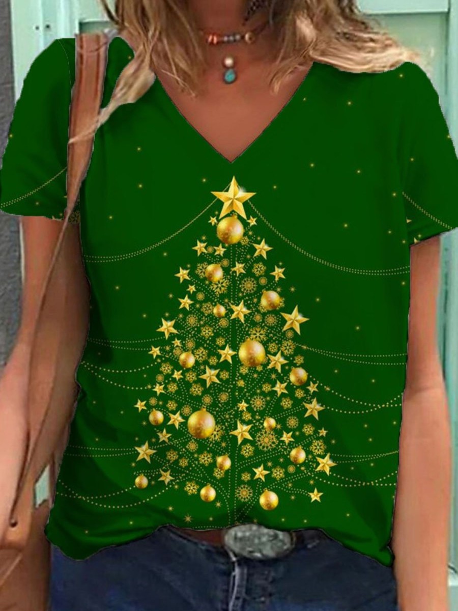 Women DJ | Christmas Tree Print Casual V-Neck Short Sleeve T-Shirt Green