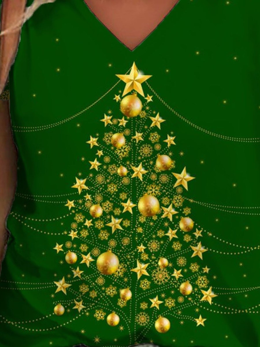 Women DJ | Christmas Tree Print Casual V-Neck Short Sleeve T-Shirt Green