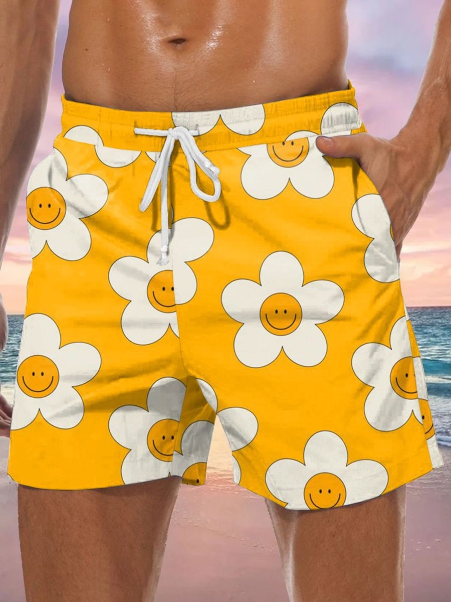 Men GYJ Shorts | Men'S Smiley Flower Print Casual Shorts Yellow