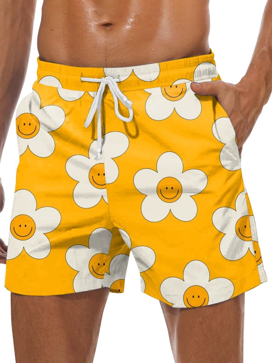 Men GYJ Shorts | Men'S Smiley Flower Print Casual Shorts Yellow