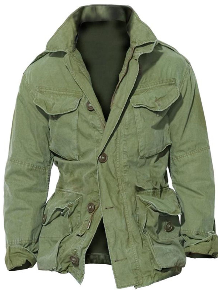 Men QMY Jacket | Men'S Vintage Multi-Pocket Jacket Army Green